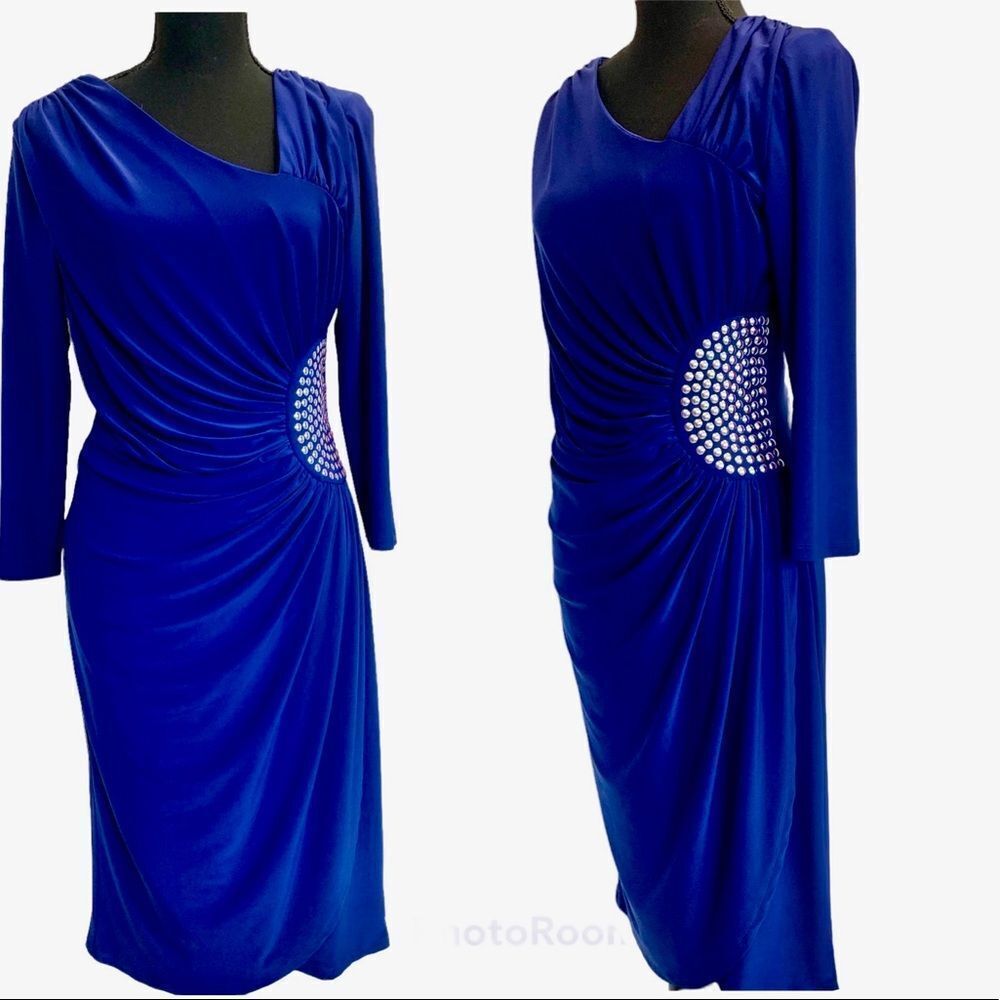Frank Lyman royal cobalt blue ruched evening cocktail dress embellished Sz 10